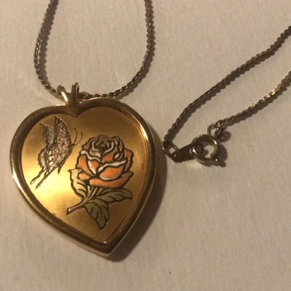 Reed & Barton Demascene Butterfly and Rose Vintage Necklace Gold Tone - Picture 1 of 9
